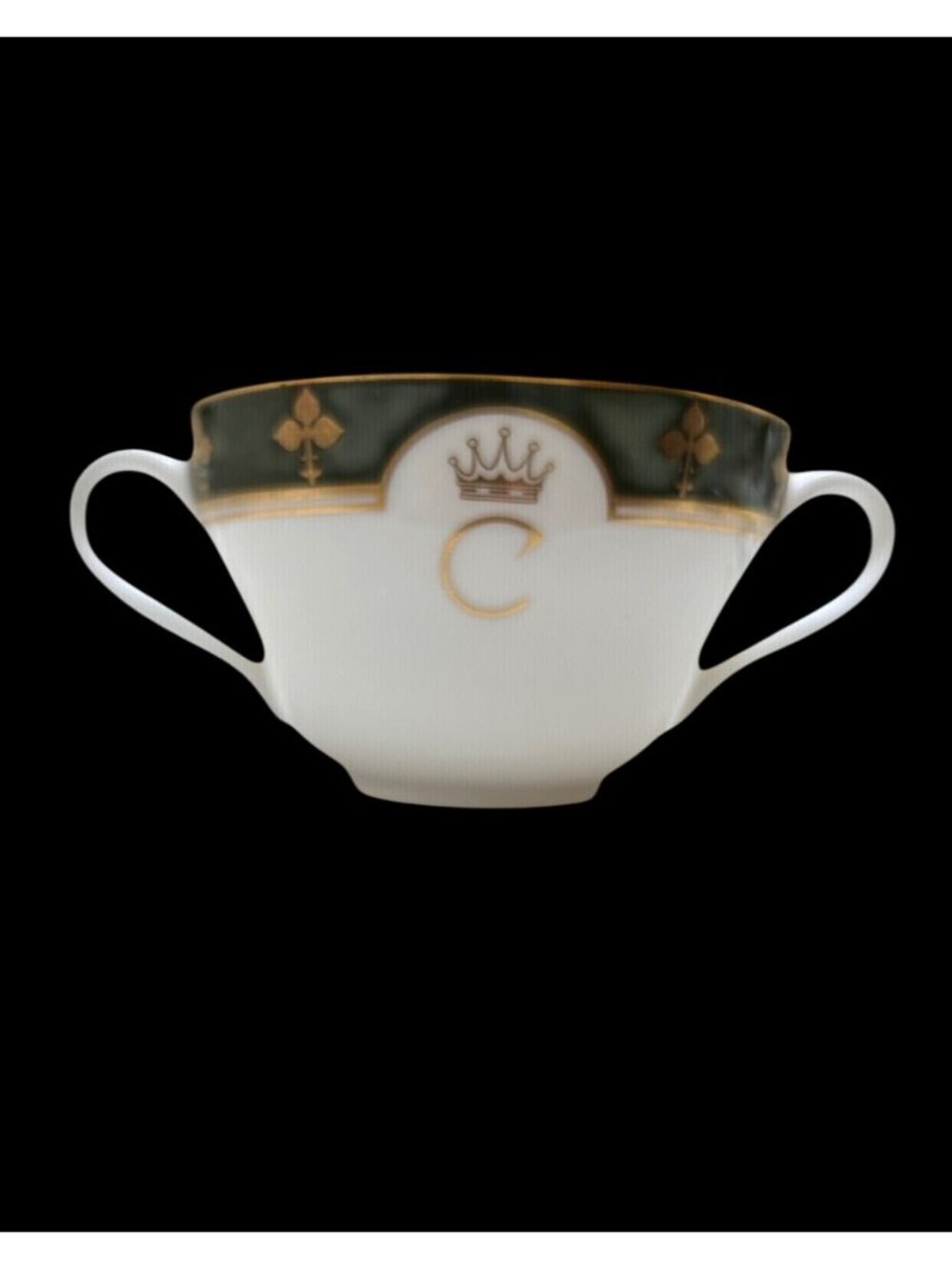 Vintage White & Green Bone China Bouillon Cup With Gold Trim & Crown Monogram C